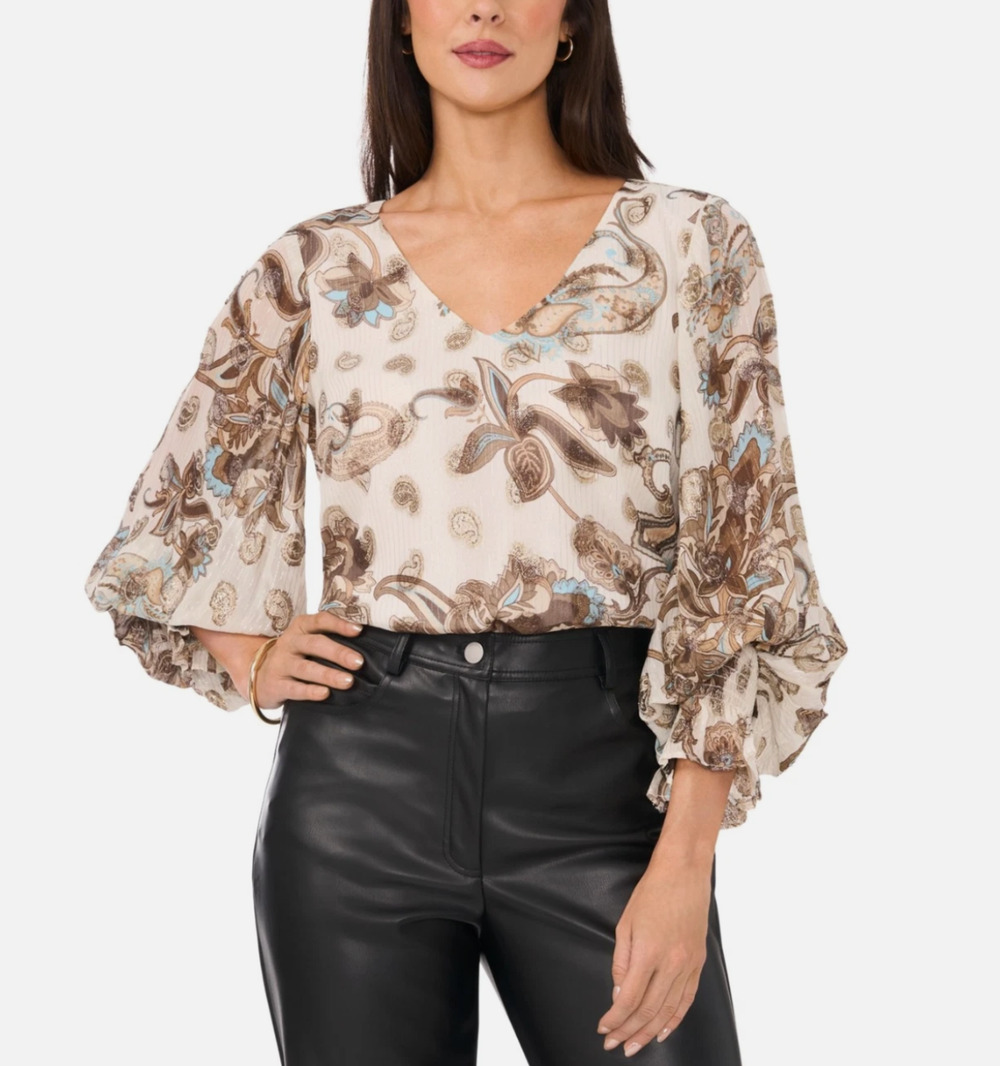 Vince Camuto Women Metallic Print Smocked Cuff Top Birch Size L